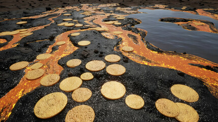 terrain with glowing lava veins and floating mineral platforms