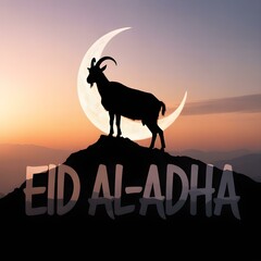 Eid al-Adha Silhouette Design of Goat on Hill with Modern Calligraphy Text

