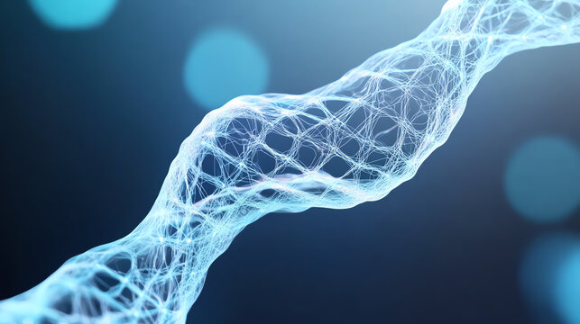 A close-up view of a stunning, intricate network of digital fibers representing molecular structures in a futuristic atmosphere.