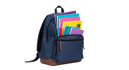 PNG Image of Backpack Overflowing with Books and School Supplies Isolated