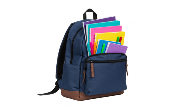 PNG Image of Backpack Overflowing with Books and School Supplies Isolated - Powered by Adobe