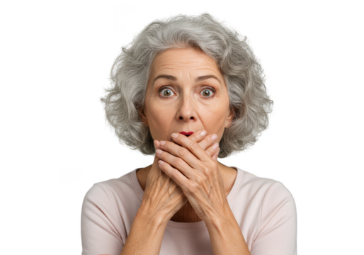 Shocked Portrait of Aged Woman Covering Her Mouth on Transparent Background