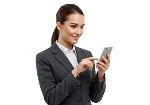 Png of Young Businesswoman in Gray Suit with Smartphone Transparent