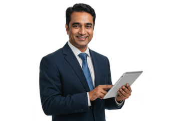 Smiling Indian Businessman Holding Tablet In a Navy Blue Suit PNG