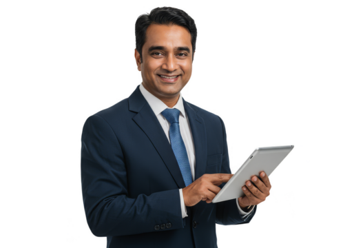 Smiling Indian Businessman Holding Tablet In a Navy Blue Suit PNG