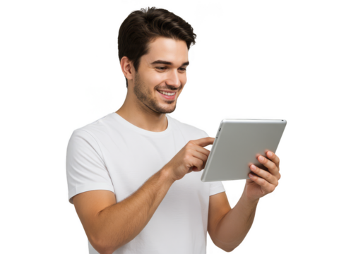 Smiling Man in White Shirt Holding Tablet Isolated on Transparent - Powered by Adobe