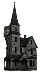 Obraz premium Spooky Haunted House With Owl Illustration on Transparent Background