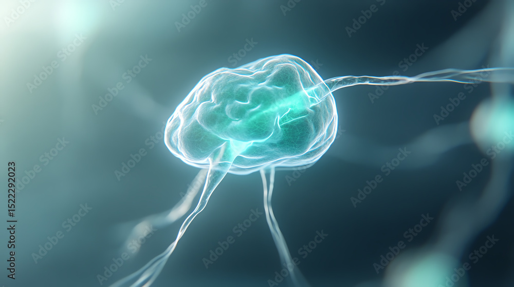 Poster A futuristic depiction of a neuron, showcasing its intricate structures and connections, symbolizing brain activity and communication.