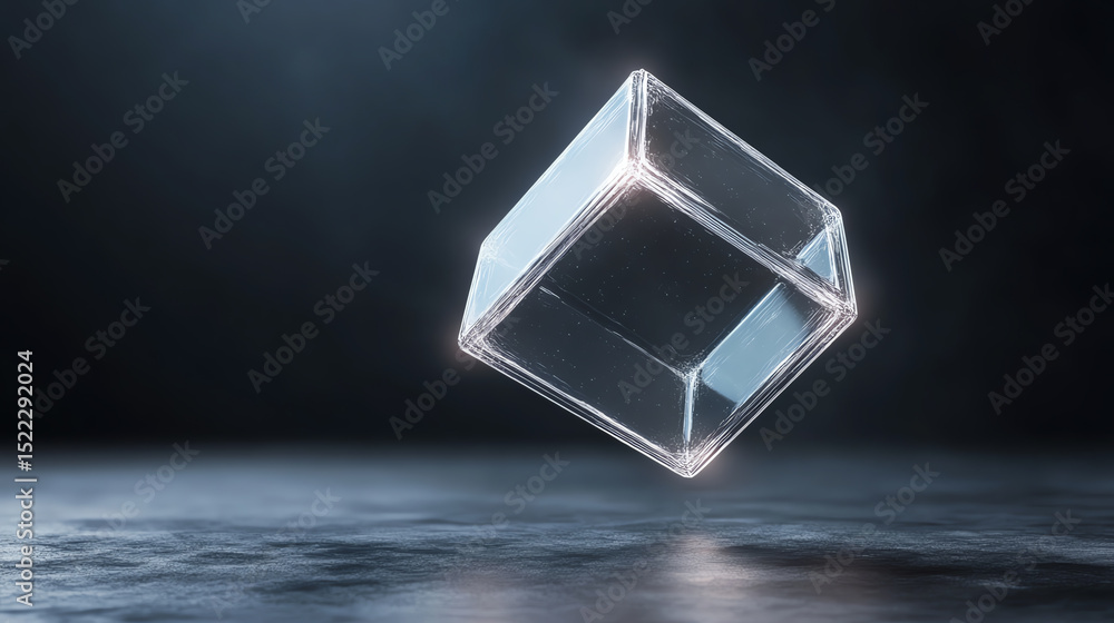Poster A floating glass cube illuminated by soft light, showcasing a modern and artistic design with a minimalistic background.