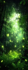 A lush green forest illuminated by glowing fireflies in a magical, serene atmosphere.