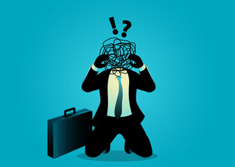 Vector illustration of a frustrated businessman kneeling with a tangled scribble for a head, symbolizing mental stress, burnout, confusion, or business related anxiety.