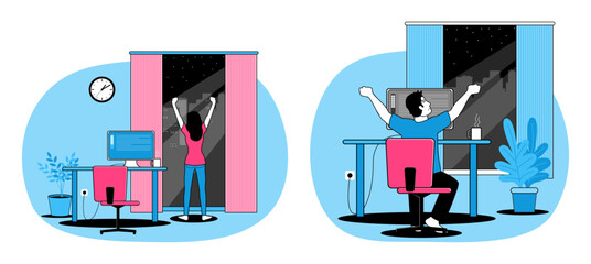 Working late at night vector illustration set, male and female
