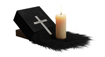 Still Life of Religious Book with Cross and Candle on Transparent Background
