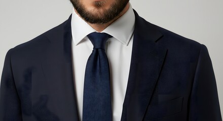 Close-up view of a man's navy blue suit jacket, crisp white shirt, and dark blue tie. The details of the fabric and the tailored fit are emphasized.