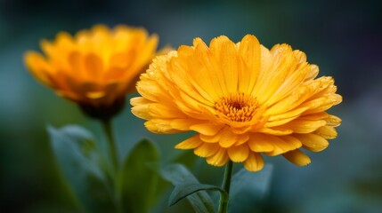 Obraz premium Two yellow flowers with green leaves are in a field