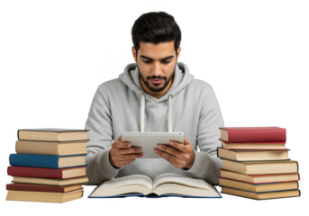 Student Studying with Tablet Among Books On Transparent Background Illustration