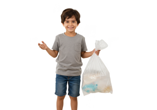 Portrait of Young Boy Holding Trash Bag With Transparent Background