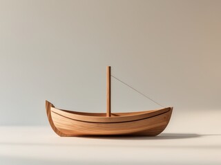 Fototapeta premium Minimalist Wooden Sailboat Model, Studio Shot with Soft Lighting and Warm Tones.