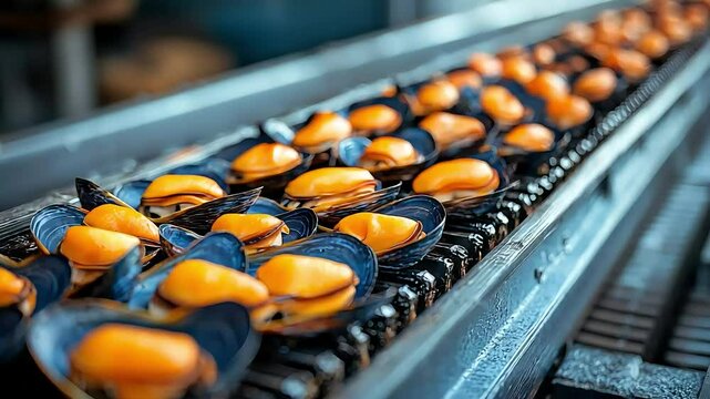 Fresh mussels on a conveyor belt in a seafood processing facility. The shells are open, revealing bright orange mussel meat inside.