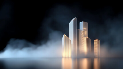 Fototapeta premium A modern cityscape emerges from a misty background, showcasing sleek skyscrapers illuminated by ambient light.