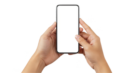 Realistic Hands Holding Smartphone with Blank White Screen on Transparent