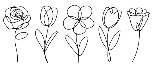 Line art flowers in minimalist style for design