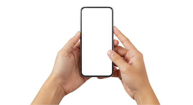 Realistic Hands Holding Smartphone with Blank White Screen on Transparent - Powered by Adobe