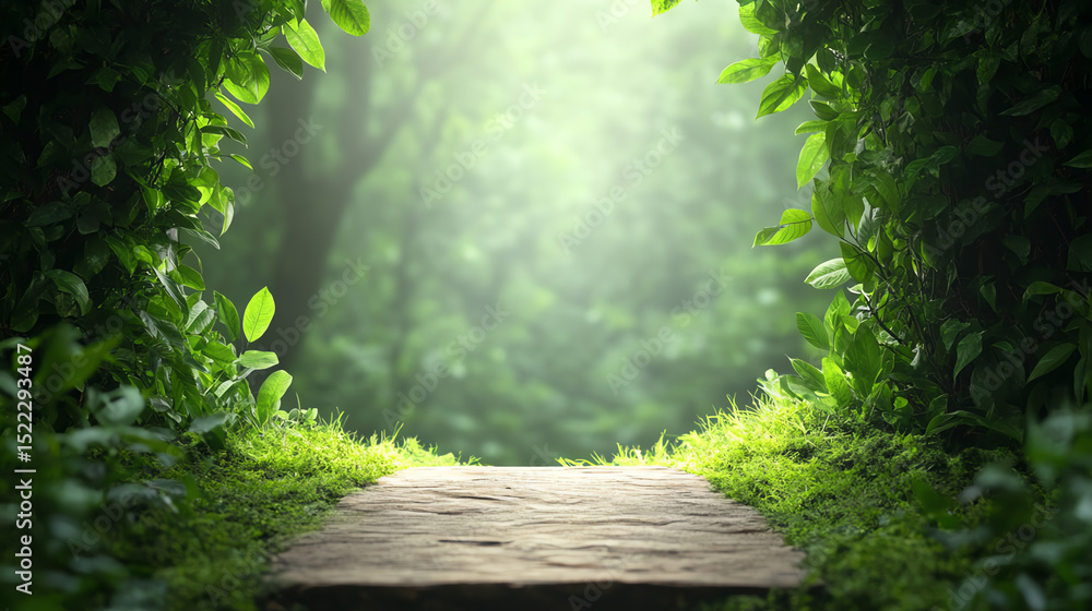 Poster a serene pathway leading through a lush green forest, illuminated by soft natural light, inviting ex