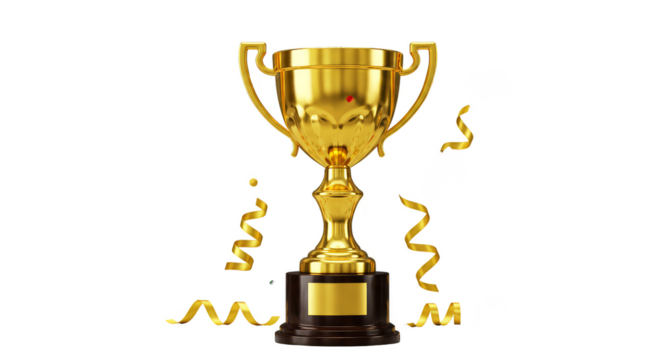 Realistic Image of Golden Trophy Award with Confetti Isolated on Background