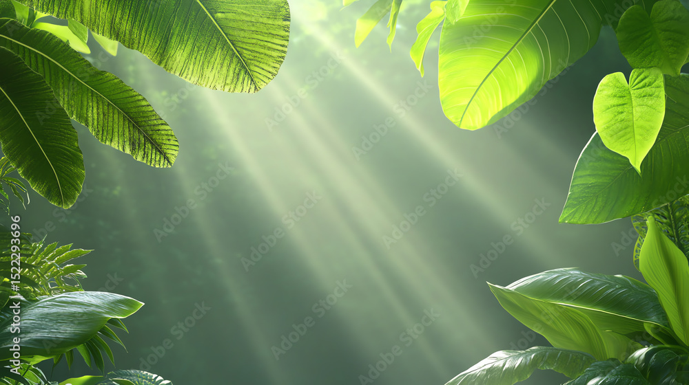Poster A serene view of lush green leaves with sunlight streaming through, creating a peaceful and calming atmosphere in nature.