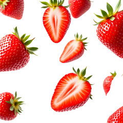 A scattered arrangement of fresh strawberries against a stark black background space