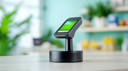 A sleek digital payment terminal stands on a counter, showcasing modern technology in a vibrant retail environment.