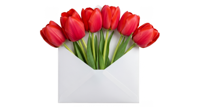 Romantic Red Tulips Bouquet Inside Envelope on Transparent Background