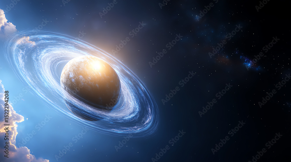 Poster a stunning depiction of a planet with rings, floating in a cosmic environment filled with stars and 