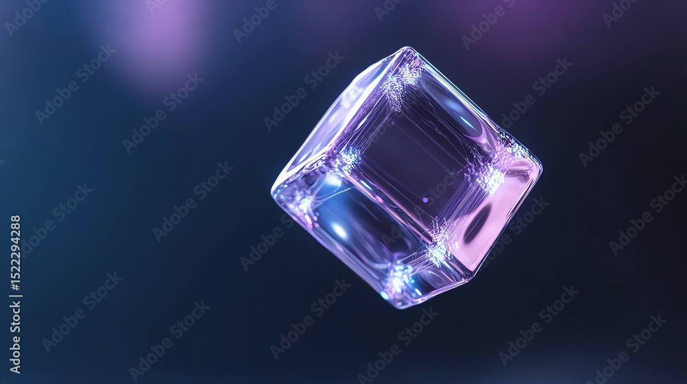 Poster a stunning ice cube floating in mid-air, showcasing its crystalline structure with captivating refle