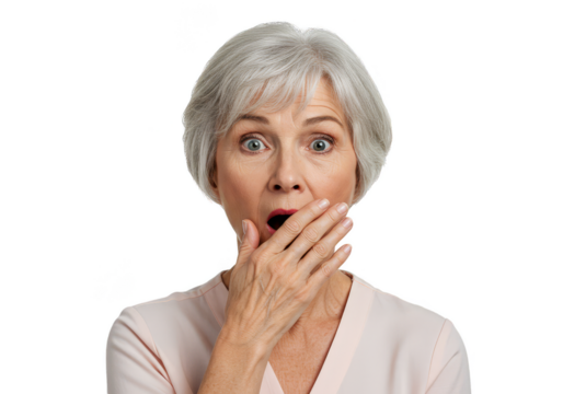 Shocked Senior Woman with Gray Hair Hand Covering Mouth Transparent PNG