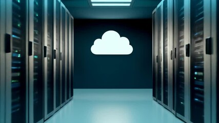 Server data center cloud technology network storage security and modern digital infrastructure showcased server room with glowing cloud icon, highlighting innovation, connectivity, secure cloud - Powered by Adobe