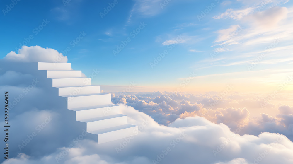 Poster a surreal image of white stairs rising through soft clouds in a bright blue sky, symbolizing ascent 