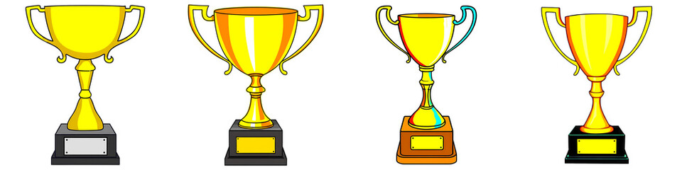 PNG Four stylized golden trophies stand in a row.