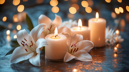 Serene candles illuminate remembrance surrounded by delicate lilies in a soft glow evoking peace and reflection with