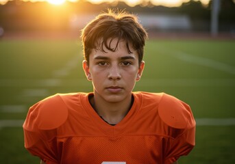 A determined teenage football player in an orange uniform on a sunny field, ready for the game.