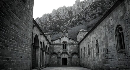 Fototapeta premium Ancient Monastery Courtyard Nestled in Majestic Mountains A Black and White Architectural Masterpiece