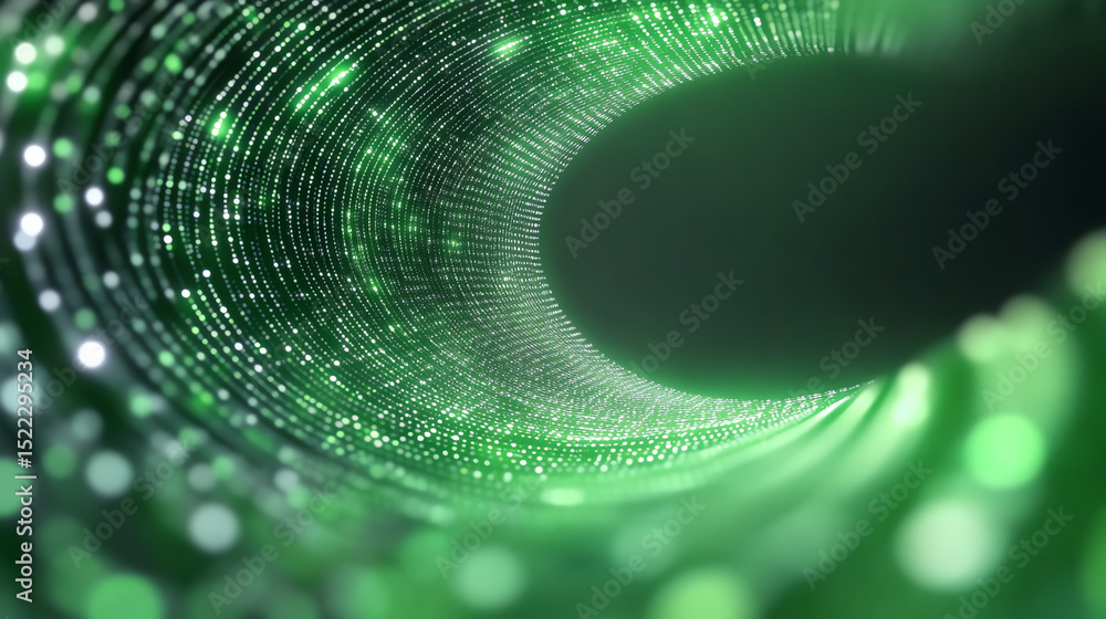 Poster abstract green tunnel of light particles showcasing depth and motion, perfect for technology or digi