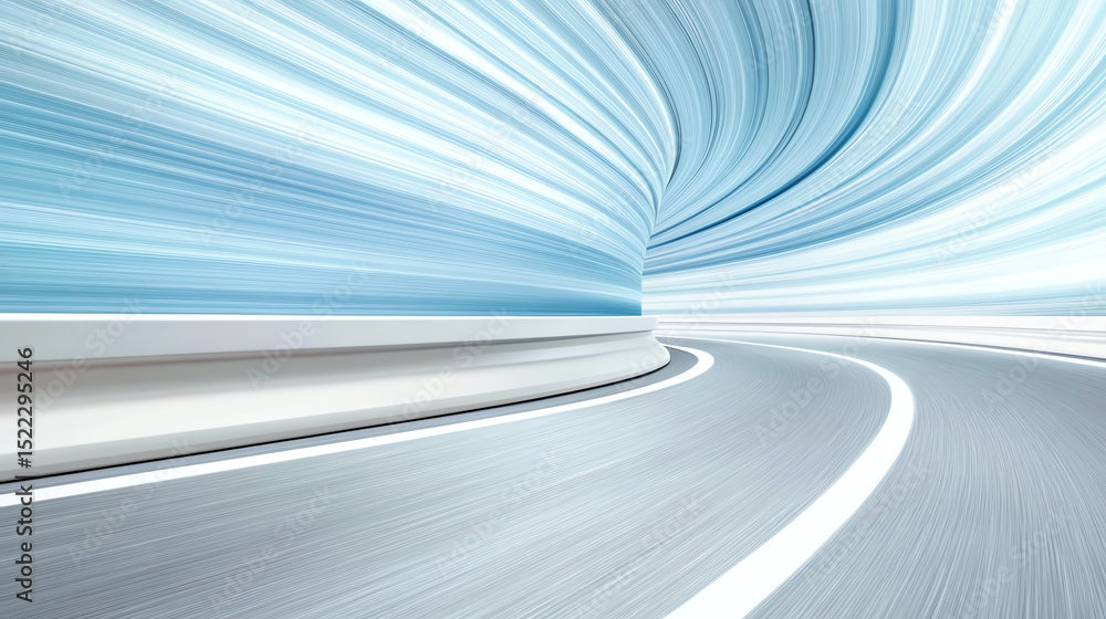 Poster Abstract image of a curving road with a smooth flow of blue tones, evoking a sense of speed and motion in modern transportation.