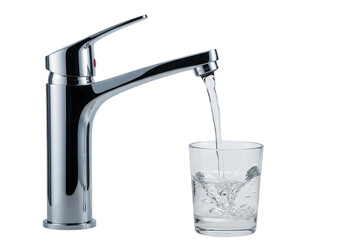 Transparent Faucet Pouring Water into Glass Clean Transparent Background