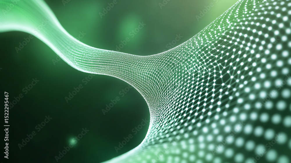 Poster an abstract digital wave with a futuristic design, featuring glowing dots in green hues, symbolizing