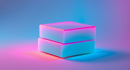 Two Cubes Illuminated by Neon Lights in a Studio Environment, Modern Minimalistic Aesthetic.