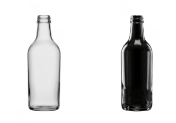 Two Empty Glass Bottles in White and Black Transparent Background
