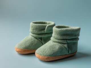 Two Green Baby Booties on a Pastel Blue Background, Minimalist Baby Product Photo.