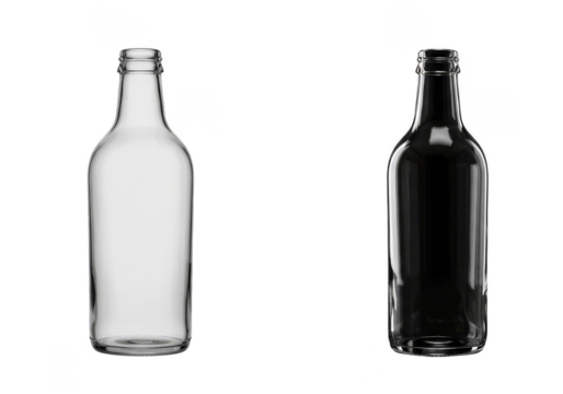 Two Empty Glass Bottles in White and Black Transparent Background